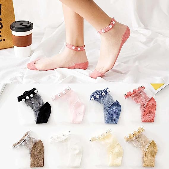 Crystal Tulle Pearl Summer Socks, Women Elastic Ultra Thin Silk Stockings Short