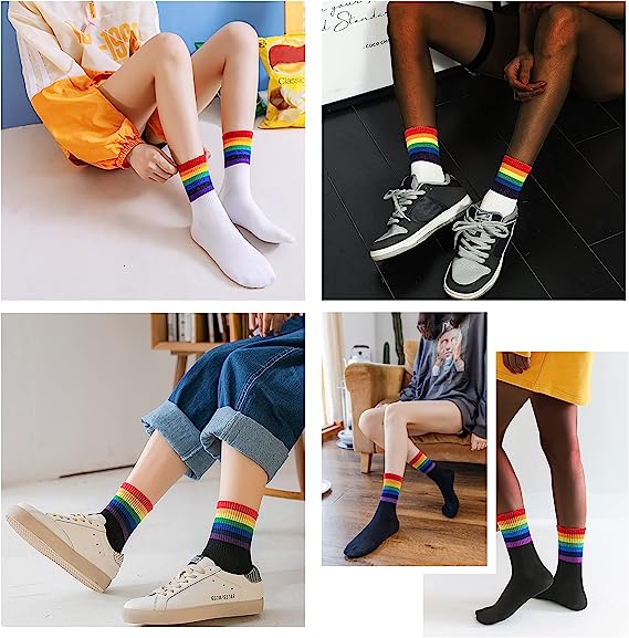 6 pairs High Ankle Cotton Crew Casual Stripes Socks,Black&White Striped,Rainbow Pride For Men&Women, Compression